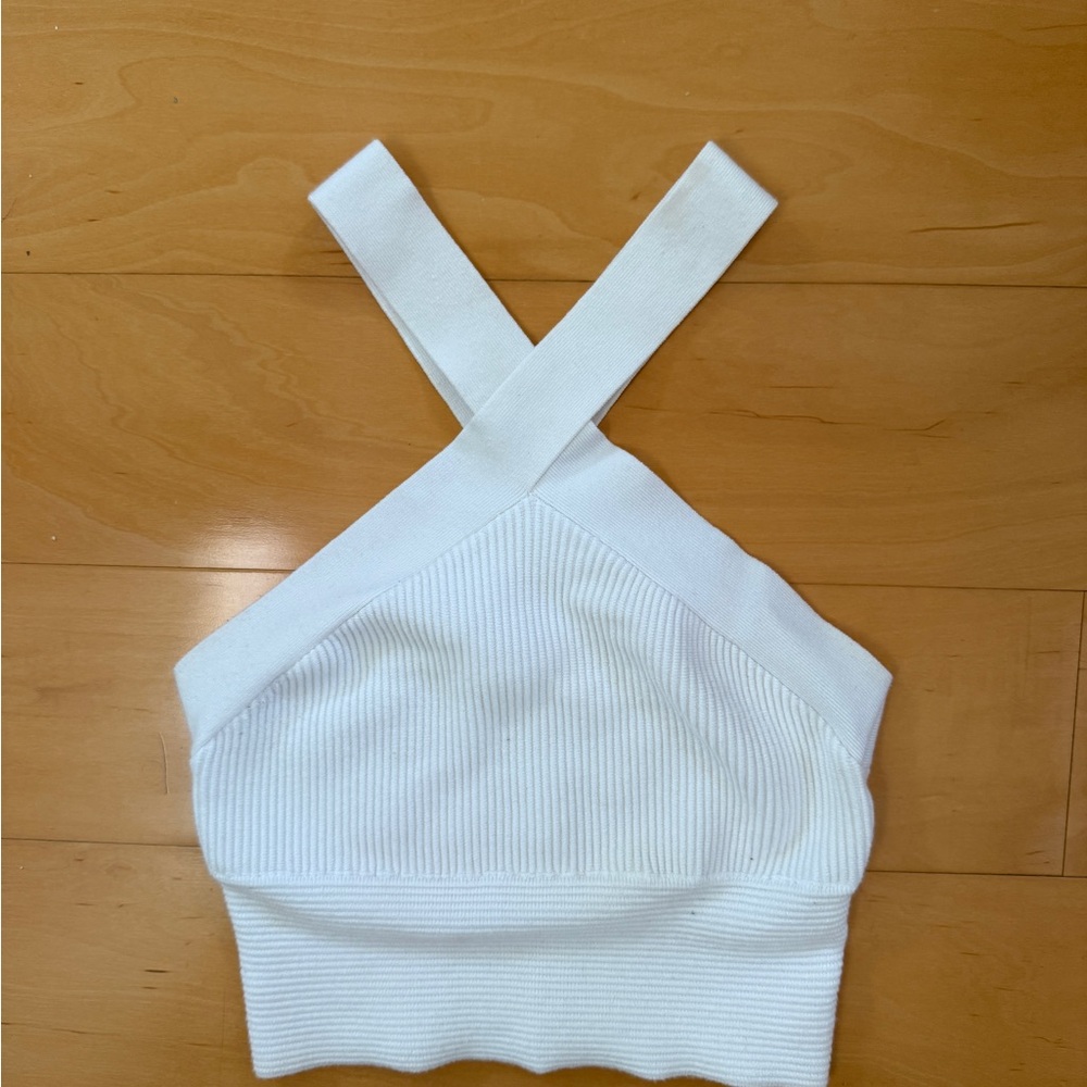 White Ribbed Cross-Strap Top